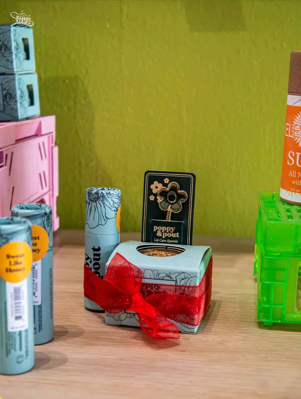 Colorful products arranged on a vendor table